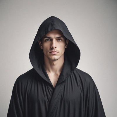 A man in a black robe stares intently at the camera