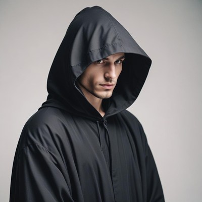 A man in a black hooded robe looks intently at the camera