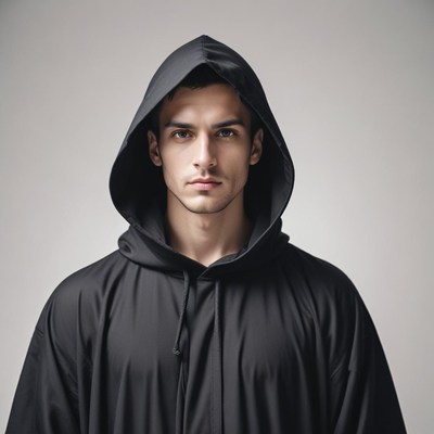 Man in black hooded robe stares at camera