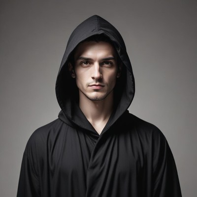 A man in a black hooded robe stares intensely at the camera
