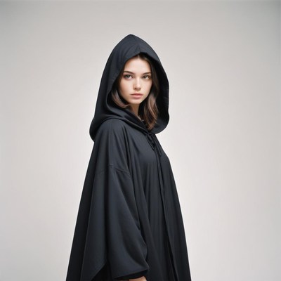 A woman in a black hooded cloak stands in a studio
