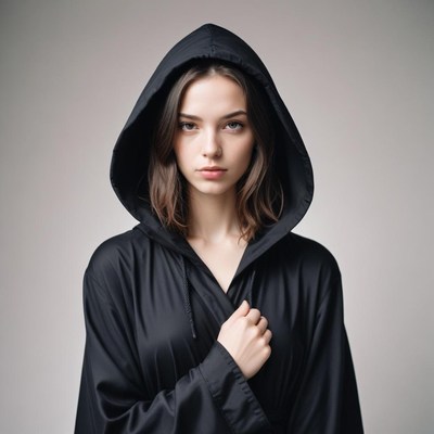 A woman in a black hooded robe looks intensely at the camera