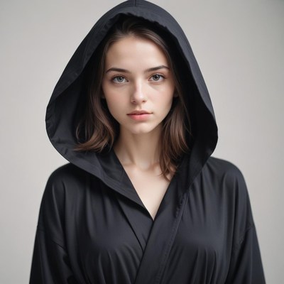 A woman in a black robe looks directly at the camera