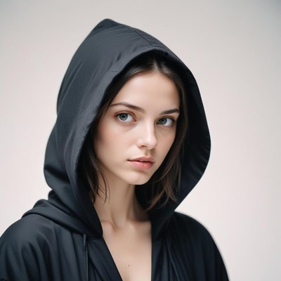 A woman wearing a black hoodie looks directly at the camera