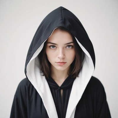 A young woman in a black hooded robe gazes at camera