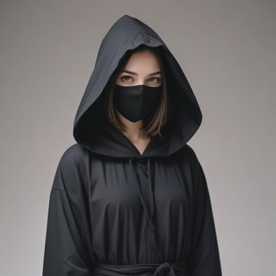 A woman stands in front of a gray backdrop