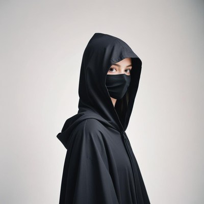 Woman in a black cloak stands against white backdrop