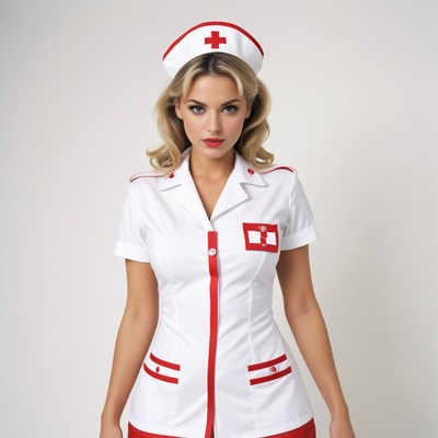 Woman in a white nurse uniform against a white backdrop