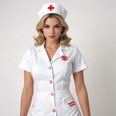 A nurse in a white uniform stands against a white background