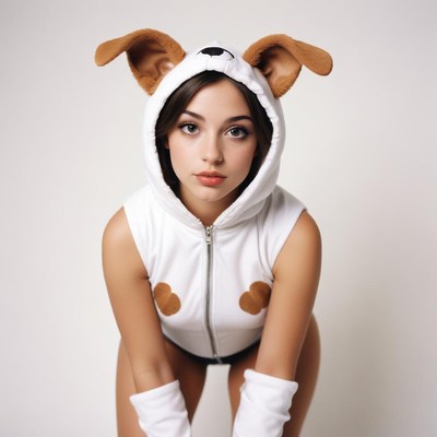 A woman in a white dog costume looks at the camera