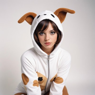A woman wearing a white dog onesie poses for a photo