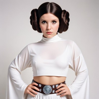 A woman dressed as princess leia poses for a photo