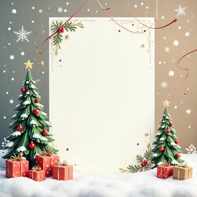 Two christmas trees with presents sit on a snowy background