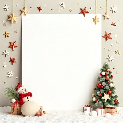 A white poster with a snowman, gifts, and a christmas tree