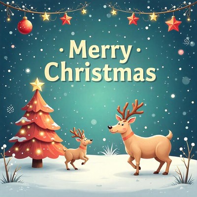 Merry christmas with two reindeer in the snow