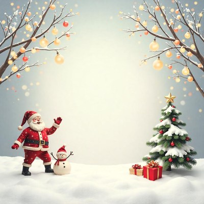 Santa claus waves to a snowy christmas tree