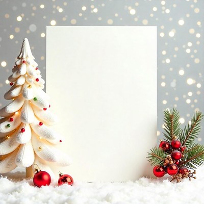 A white christmas tree sits in front of a blank card