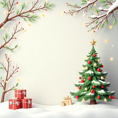 A snowy christmas scene with a decorated tree and gifts