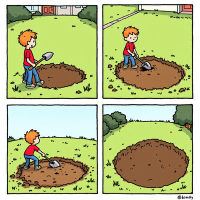 A boy digs a hole in his backyard
