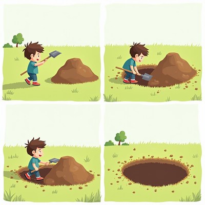 A boy digs a hole in the grass