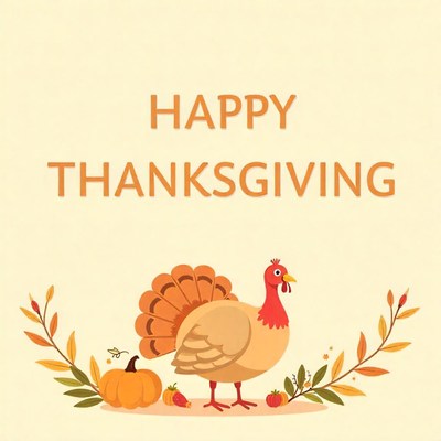 Happy thanksgiving with a turkey, pumpkin, and autumn leaves