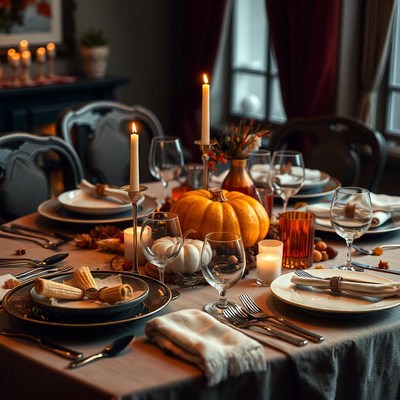 A fall table setting with candles and pumpkins