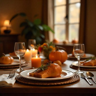A roasted squash sits on a plate at a fall dinner table