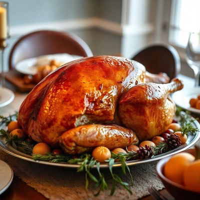 A roasted turkey sits on a platter with fresh herbs