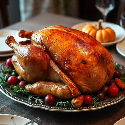 Roasted turkey on a platter with grapes and herbs