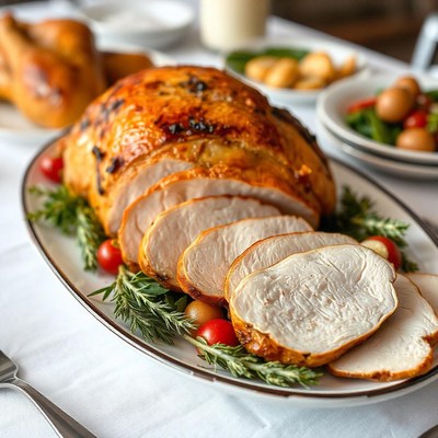 A sliced roasted turkey on a white platter