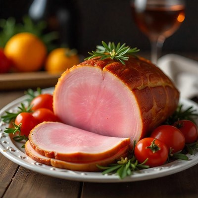 A roasted ham with rosemary sits on a plate