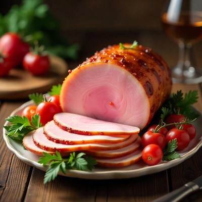 A sliced ham with cherry tomatoes and parsley on a plate