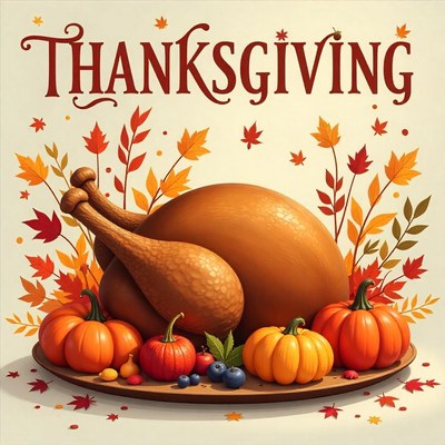 A roasted turkey with pumpkins and fall leaves on a platter