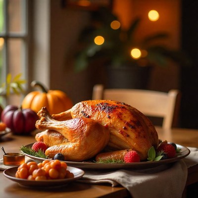 Roasted turkey awaits on the thanksgiving table