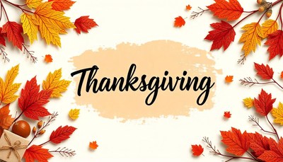 Autumn leaves surround the word thanksgiving