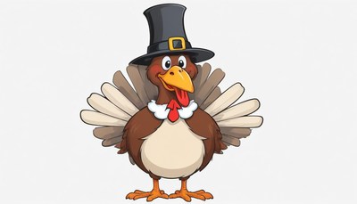 A cartoon turkey wearing a hat smiles happily
