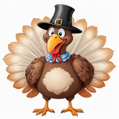 A cartoon turkey wears a pilgrim hat