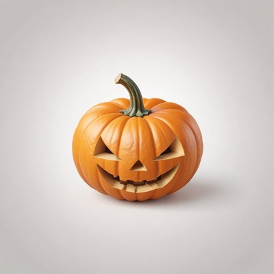 A carved pumpkin with a scary face sits on a white surface