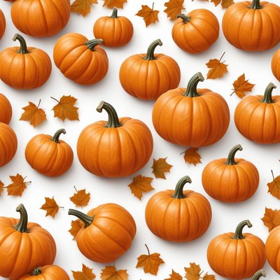 Pumpkins and leaves create a festive fall pattern