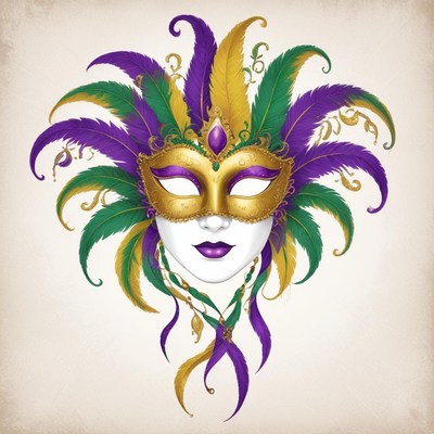 A golden masquerade mask with purple and green feathers