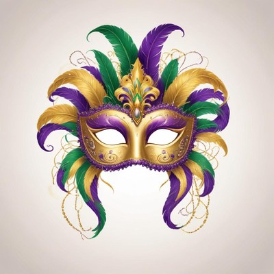 A golden masquerade mask with purple and green feathers