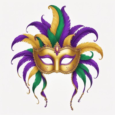 A gold masquerade mask with purple and green feathers