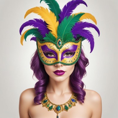 A woman with purple hair wears a colorful feathered mask