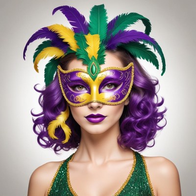 A woman wearing a purple and gold mask with feathers