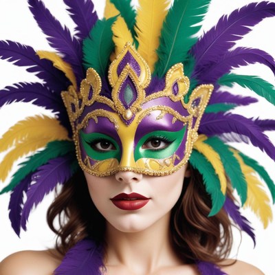 A woman wears a colorful mask with feathers