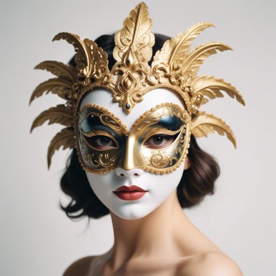 A woman wears a gold and black masquerade mask