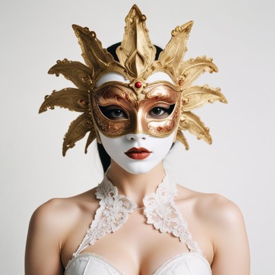 A woman wears a gold and white masquerade mask