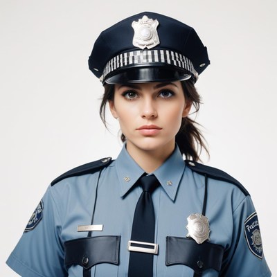 A female police officer in uniform stares straight ahead