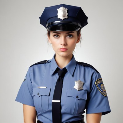 A police officer in uniform stands against a white wall