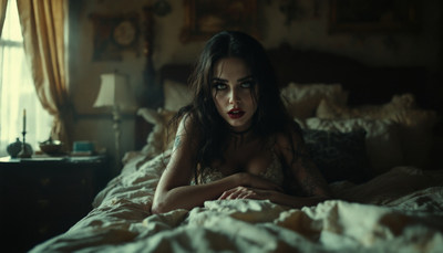 A woman lies in bed, staring intensely at the camera